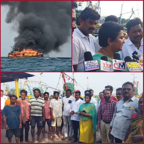 Fishing boat caught fire in Sea!